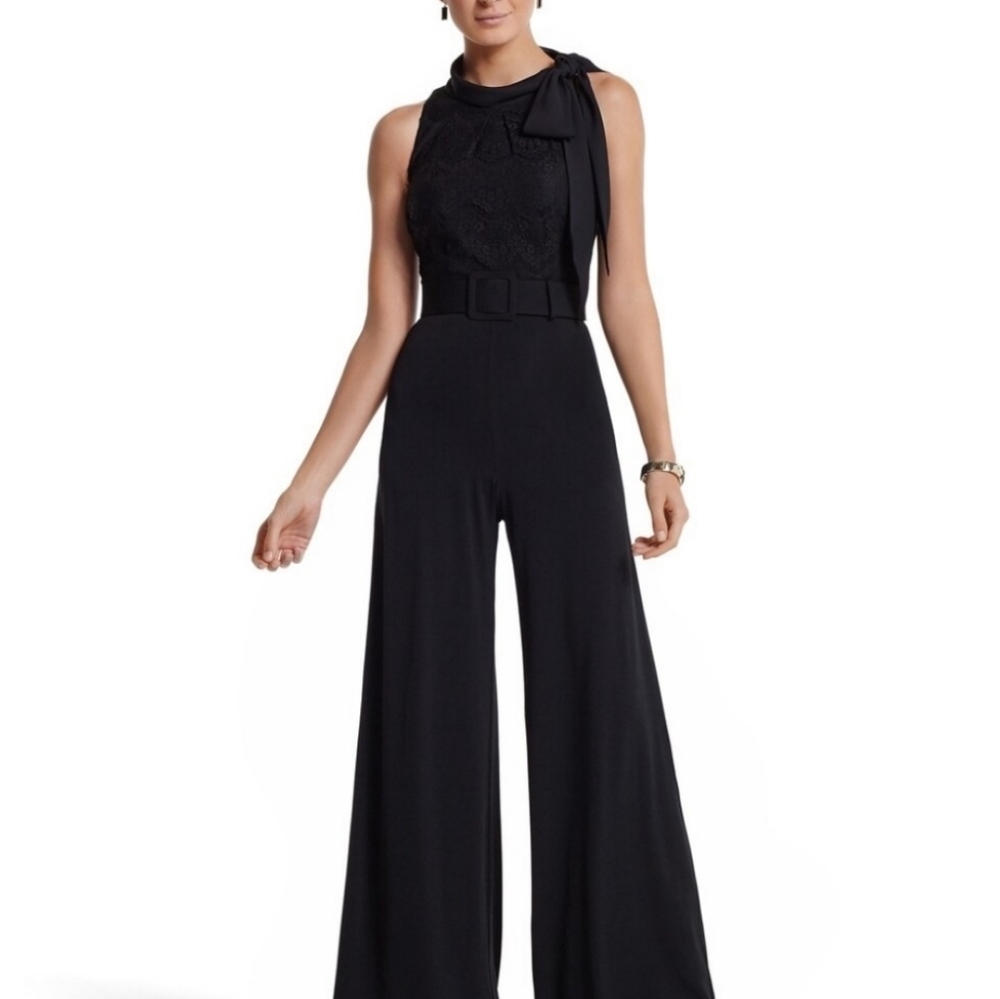 White House Black Market Black Lace Halter Belted Jumpsuit